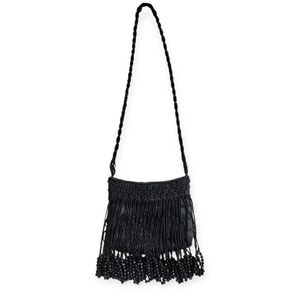 Vintage Black Beaded Fringe Shoulder Bag